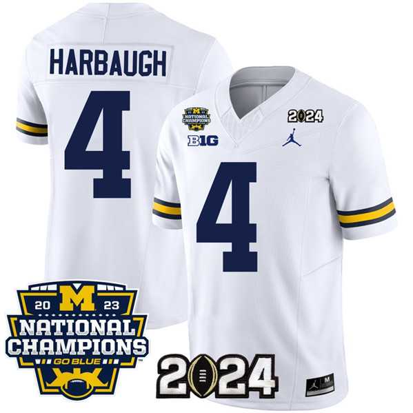 Mens Michigan Wolverines #4 Jim Harbaugh White 2024 F.U.S.E. With 2023 National Champions Patch Stitched Jersey->->NCAA Jersey